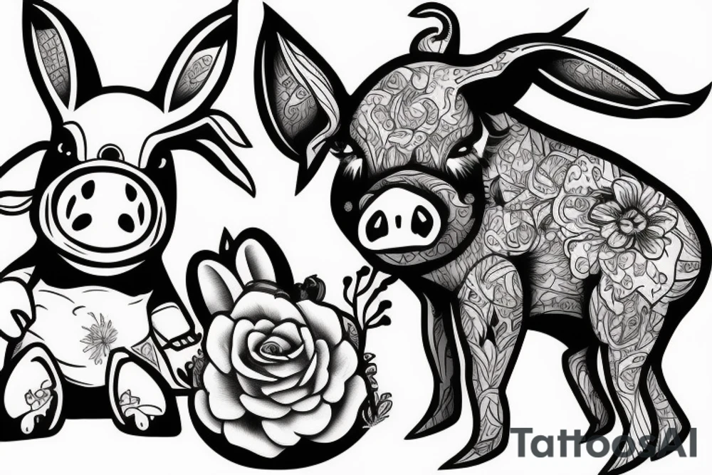 bunny and pig fight tattoo idea