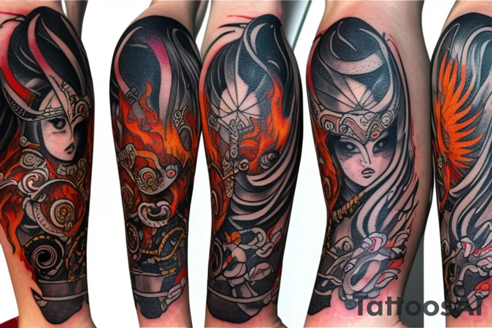 The goddess of fire from dark souls, fiery hair and a mask with patterns. tattoo idea