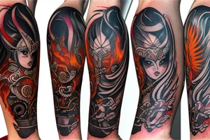 The goddess of fire from dark souls, fiery hair and a mask with patterns. tattoo idea