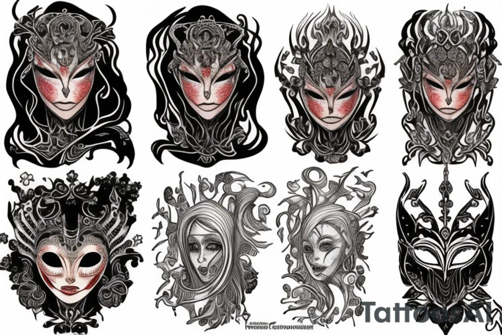 The goddess of fire from dark souls, fiery hair and a mask with patterns. tattoo idea