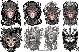 The goddess of fire from dark souls, fiery hair and a mask with patterns. tattoo idea