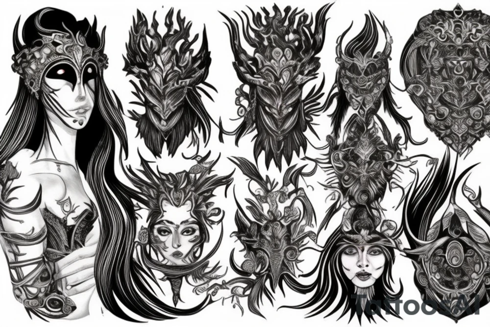 The goddess of fire from dark souls, fiery hair and a mask with patterns. tattoo idea