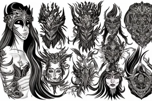 The goddess of fire from dark souls, fiery hair and a mask with patterns. tattoo idea