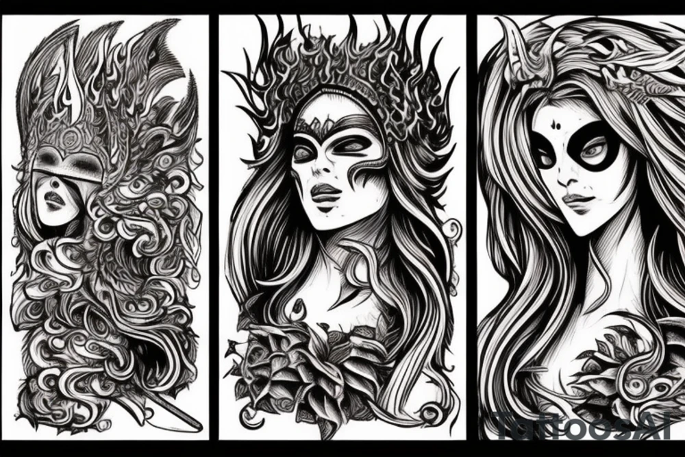 The goddess of fire from dark souls, fiery hair and a mask with patterns. tattoo idea