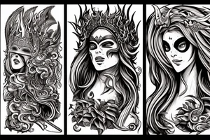 The goddess of fire from dark souls, fiery hair and a mask with patterns. tattoo idea