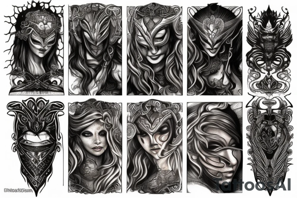 The goddess of fire from dark souls, fiery hair and a mask with patterns. tattoo idea