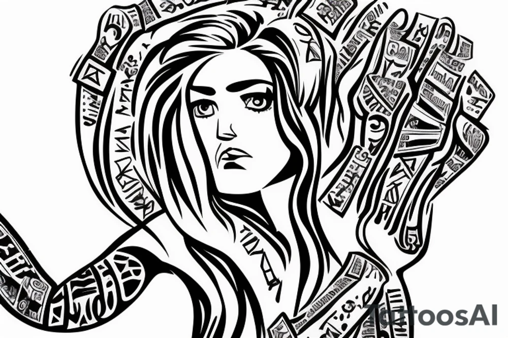 Half face of a girl on hand with Roman numbers written on down tattoo idea