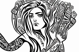 Half face of a girl on hand with Roman numbers written on down tattoo idea