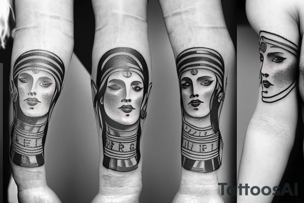 Half face of a girl on hand with Roman numbers written on down tattoo idea