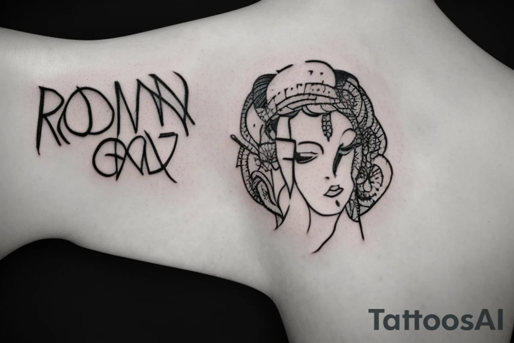 Half face of a girl on hand with Roman numbers written on down tattoo idea