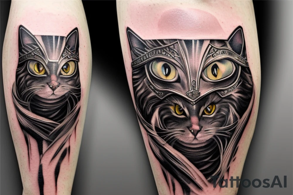 kneeling cat knight, portrait, finely detailed armor, intricate design, silver, silk, cinematic lighting tattoo idea
