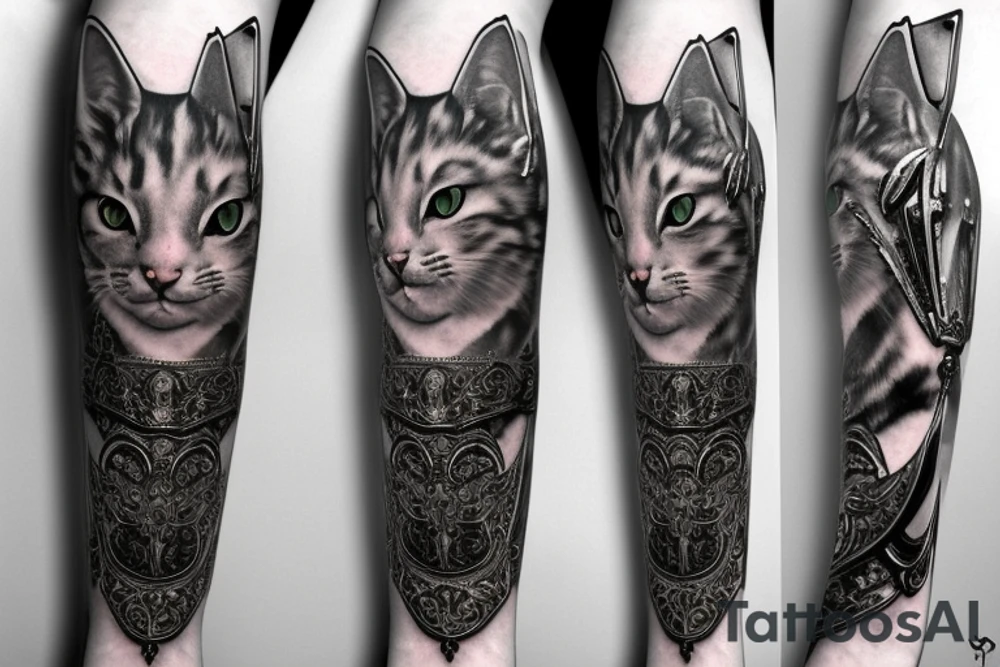 kneeling cat knight, portrait, finely detailed armor, intricate design, silver, silk, cinematic lighting tattoo idea