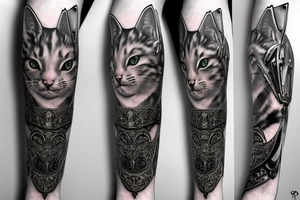 kneeling cat knight, portrait, finely detailed armor, intricate design, silver, silk, cinematic lighting tattoo idea
