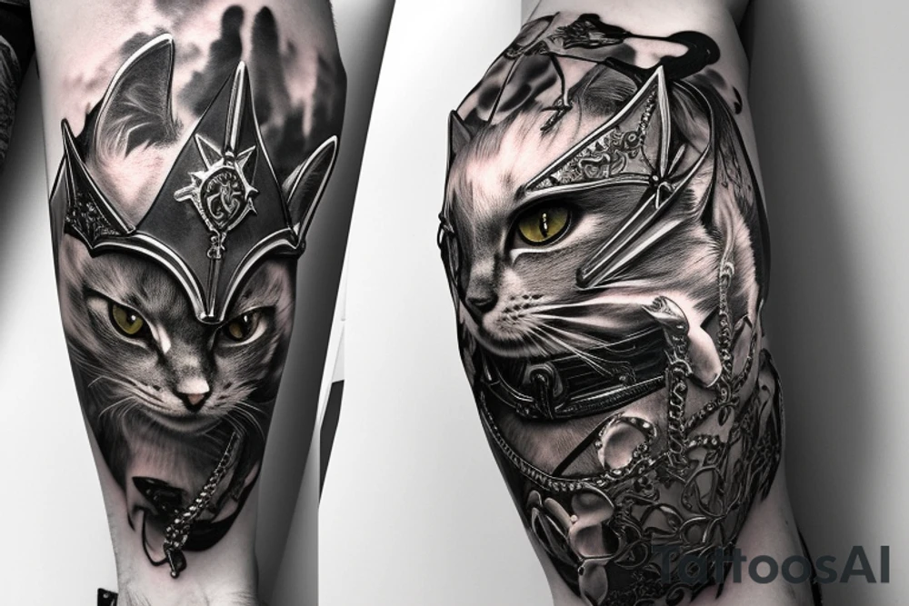 kneeling cat knight, portrait, finely detailed armor, intricate design, silver, silk, cinematic lighting tattoo idea