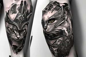 kneeling cat knight, portrait, finely detailed armor, intricate design, silver, silk, cinematic lighting tattoo idea