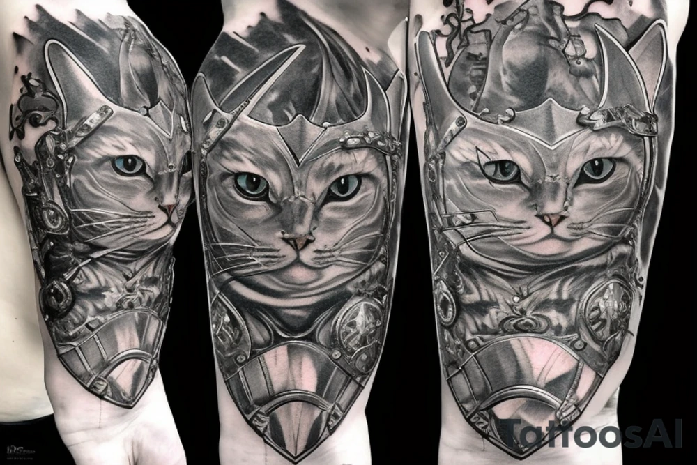 kneeling cat knight, portrait, finely detailed armor, intricate design, silver, silk, cinematic lighting tattoo idea