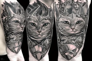 kneeling cat knight, portrait, finely detailed armor, intricate design, silver, silk, cinematic lighting tattoo idea