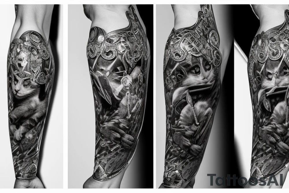kneeling cat knight, portrait, finely detailed armor, intricate design, silver, silk, cinematic lighting tattoo idea