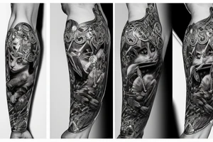 kneeling cat knight, portrait, finely detailed armor, intricate design, silver, silk, cinematic lighting tattoo idea