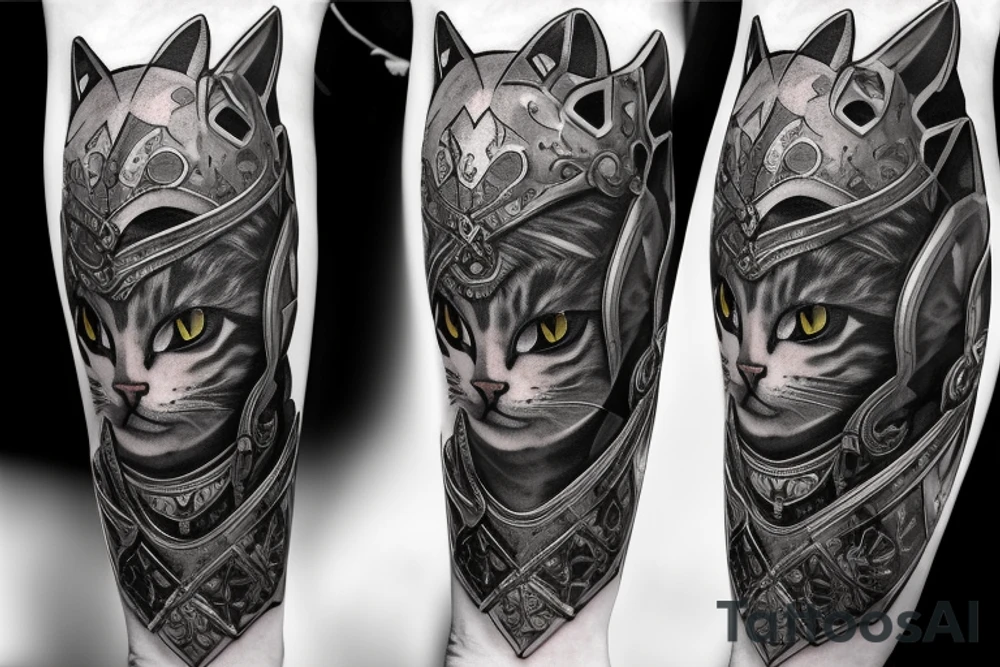 kneeling cat knight, portrait, finely detailed armor, intricate design, silver, silk, cinematic lighting tattoo idea