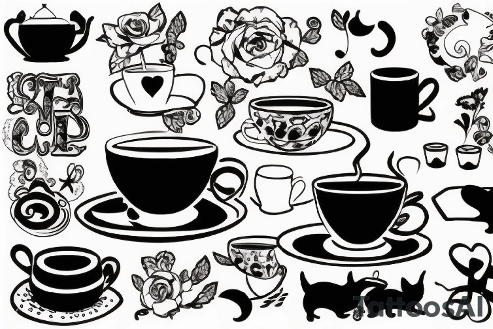 cup of tea and cookie with a cat and paintbrush tattoo idea