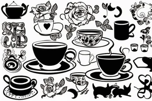 cup of tea and cookie with a cat and paintbrush tattoo idea