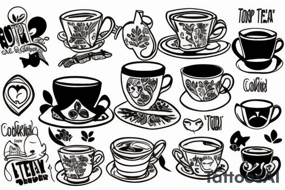 cup of tea and cookie with a cat and paintbrush tattoo idea