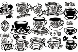 cup of tea and cookie with a cat and paintbrush tattoo idea