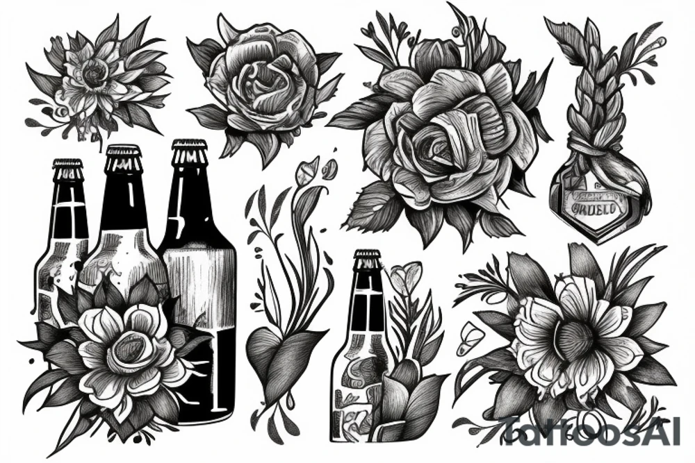 bottle of beer and a flower tattoo idea