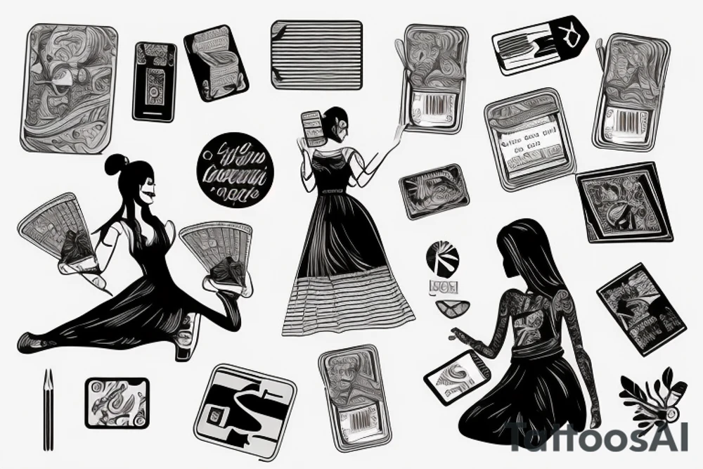 girl  holding a fan of credit cards tattoo idea