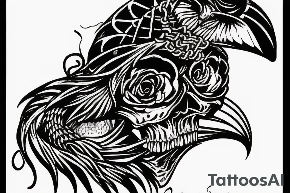 crow sitting on top of skull, snake coiling around skull tattoo idea
