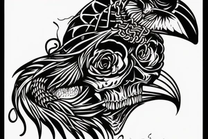 crow sitting on top of skull, snake coiling around skull tattoo idea