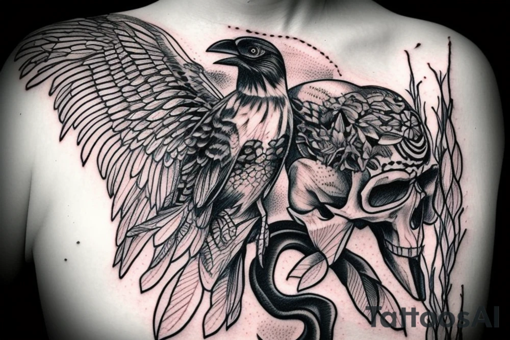 crow sitting on top of skull, snake coiling around skull tattoo idea