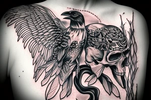 crow sitting on top of skull, snake coiling around skull tattoo idea