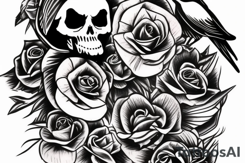 crow sitting on top of skull, snake coiling around skull tattoo idea