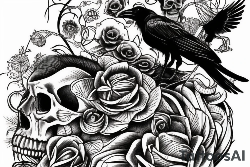crow sitting on top of skull, snake coiling around skull tattoo idea