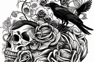crow sitting on top of skull, snake coiling around skull tattoo idea