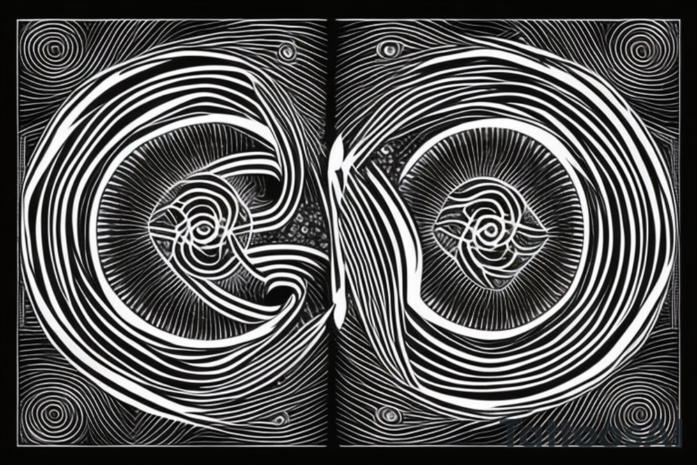 yin yang sign made of small spirals signs which on the yin side the spirals heads up and in the yang side the spirals head down tattoo idea