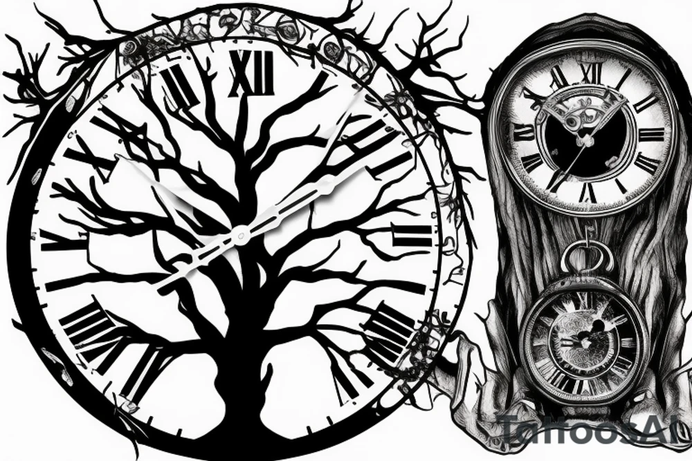 Old tree with a skull, clock, and keys tattoo idea