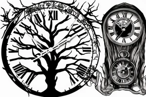 Old tree with a skull, clock, and keys tattoo idea