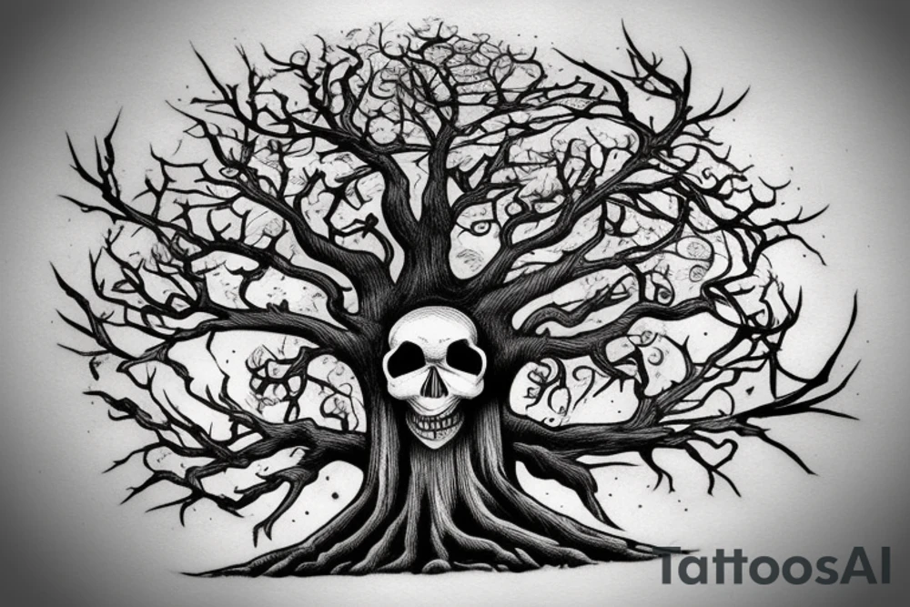 Old tree with a skull, clock, and keys tattoo idea