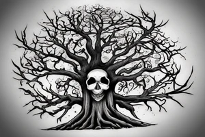Old tree with a skull, clock, and keys tattoo idea