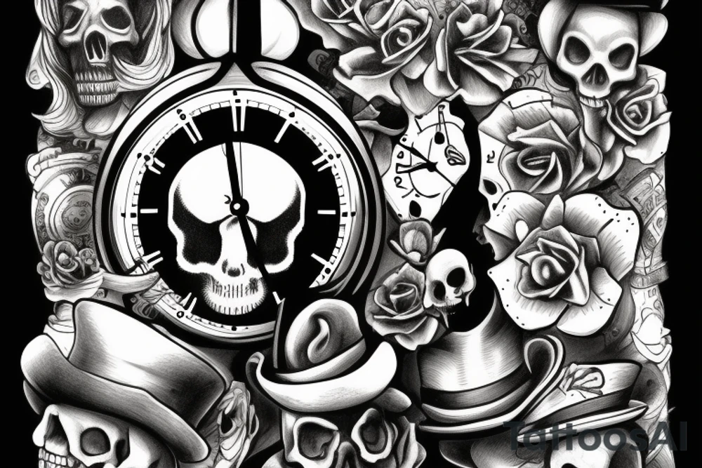 Skull incorporating a clock and the mad hatter tattoo idea