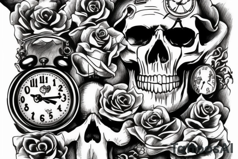 Skull incorporating a clock and the mad hatter tattoo idea