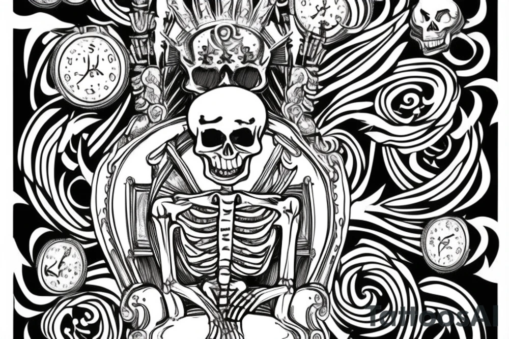 skeleton with money sitting on throne and smoking weed tattoo idea