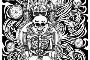 skeleton with money sitting on throne and smoking weed tattoo idea
