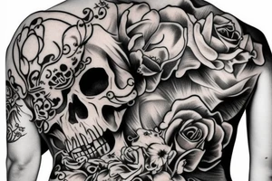 Rosy back tattoo with a skull tattoo idea