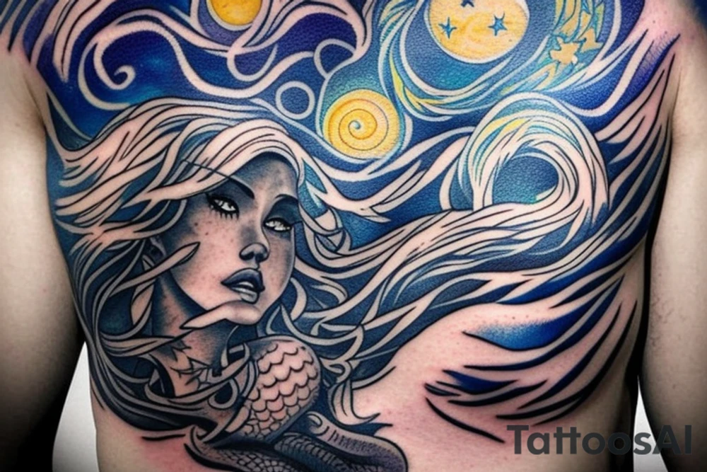 A chest tattoo with a starry night with a mermaid in the ocean getting lit by the nightlight tattoo idea