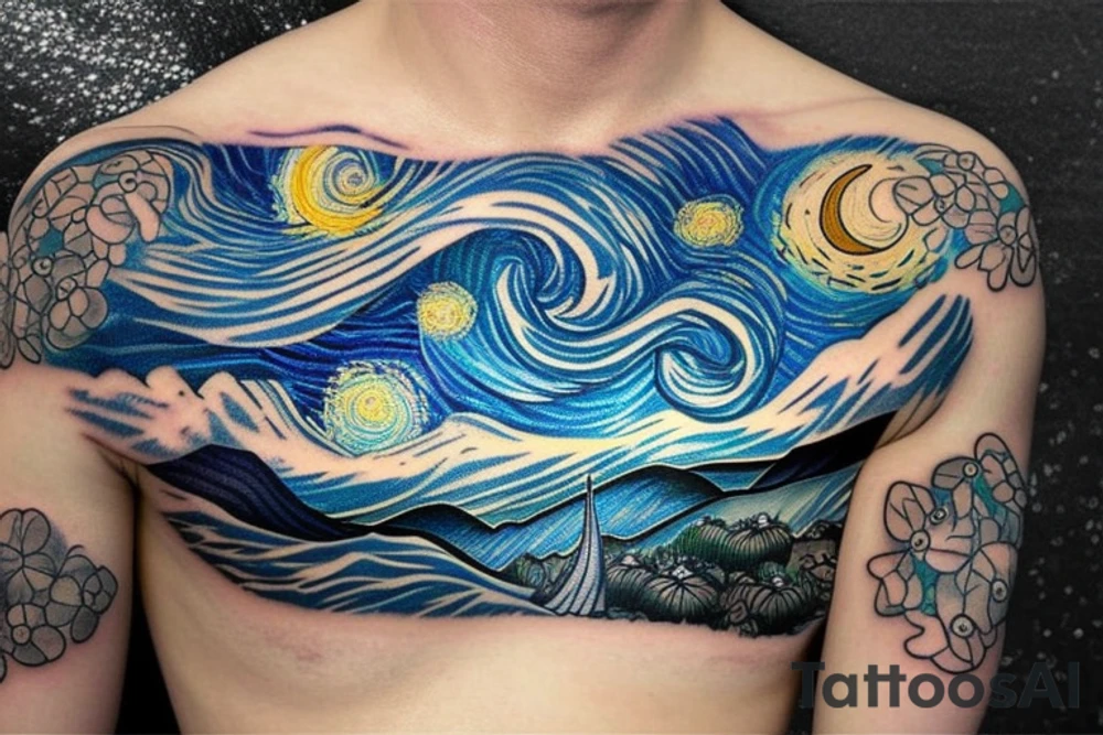 A chest tattoo with a starry night with a mermaid in the ocean getting lit by the nightlight tattoo idea