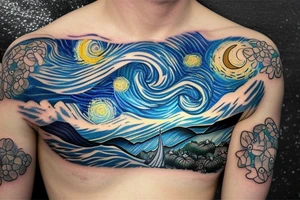 A chest tattoo with a starry night with a mermaid in the ocean getting lit by the nightlight tattoo idea